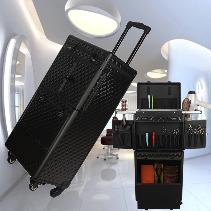 

2019 New Men Retro Diamond texture Trolley Cosmetic case,Nails Makeup Toolbox Rolling luggage bag,Beauty Tattoo Trolley Suitcase