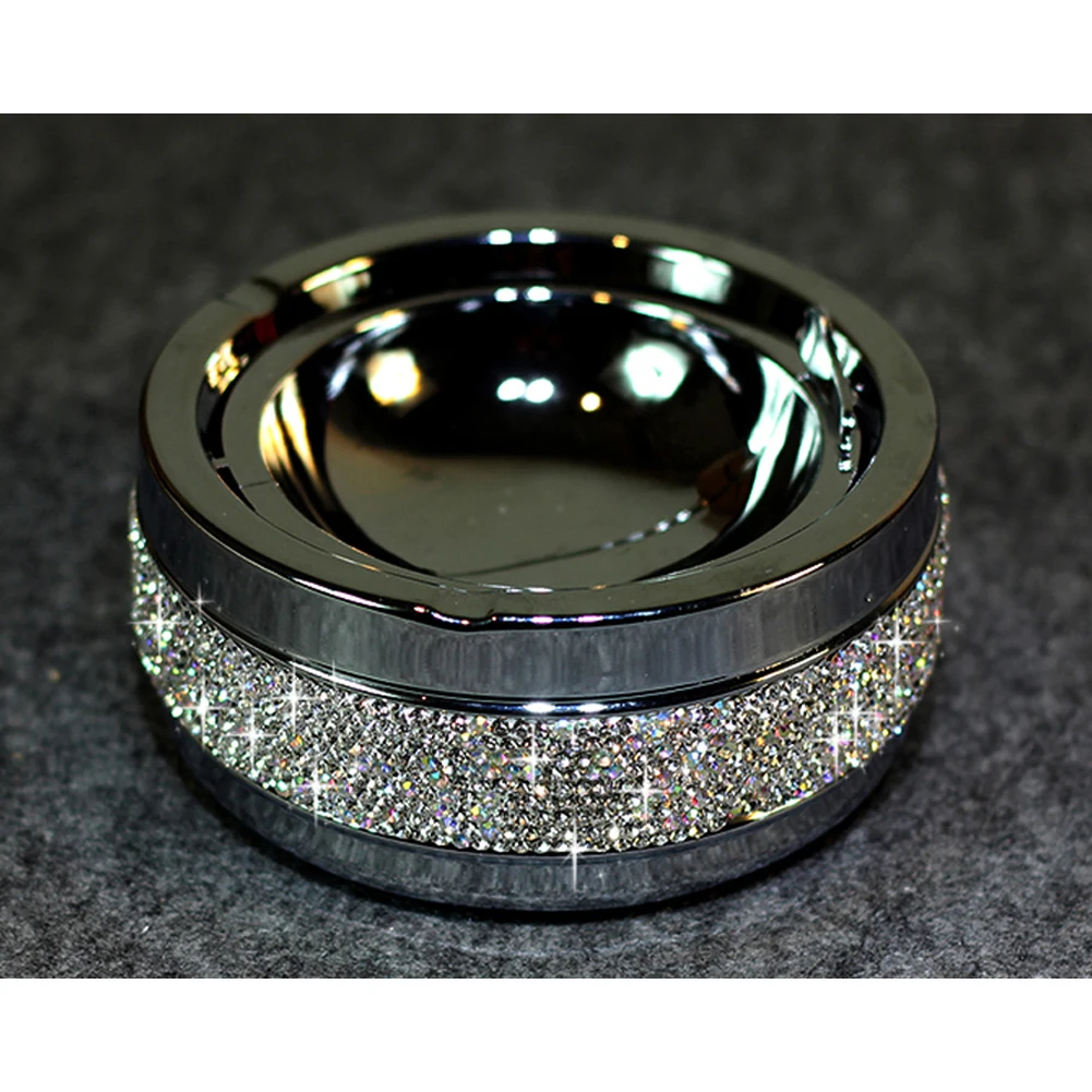 

Luxury Bling Stainless Steel Portable Waste Bin Rhinestone Ashtray Cigarette Case for Car Home Hotel