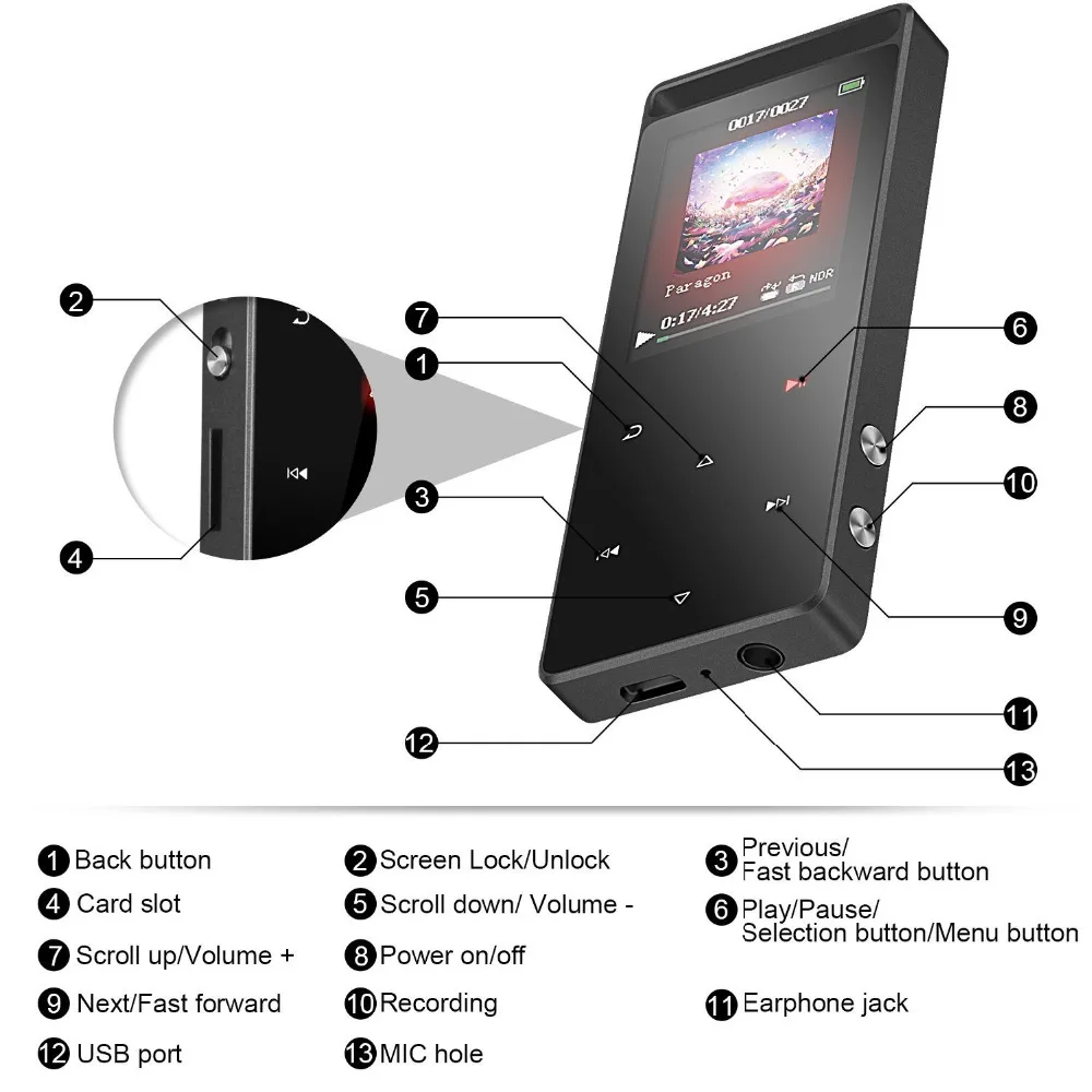 MP3 плеер Bluetooth 16 г Touch Keys1.8inch Экран MP3 плеера с FM радио, электронная книга, Запись, Поддержка до 64 ГБ SD карты C01