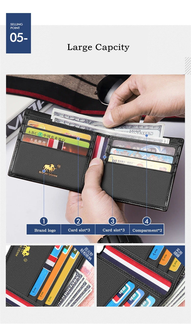 BISON DENIM Cow Leather Wallet Men Fashion Bifold Card Holder Wallet Male Short Standard Purse High Quality N4475