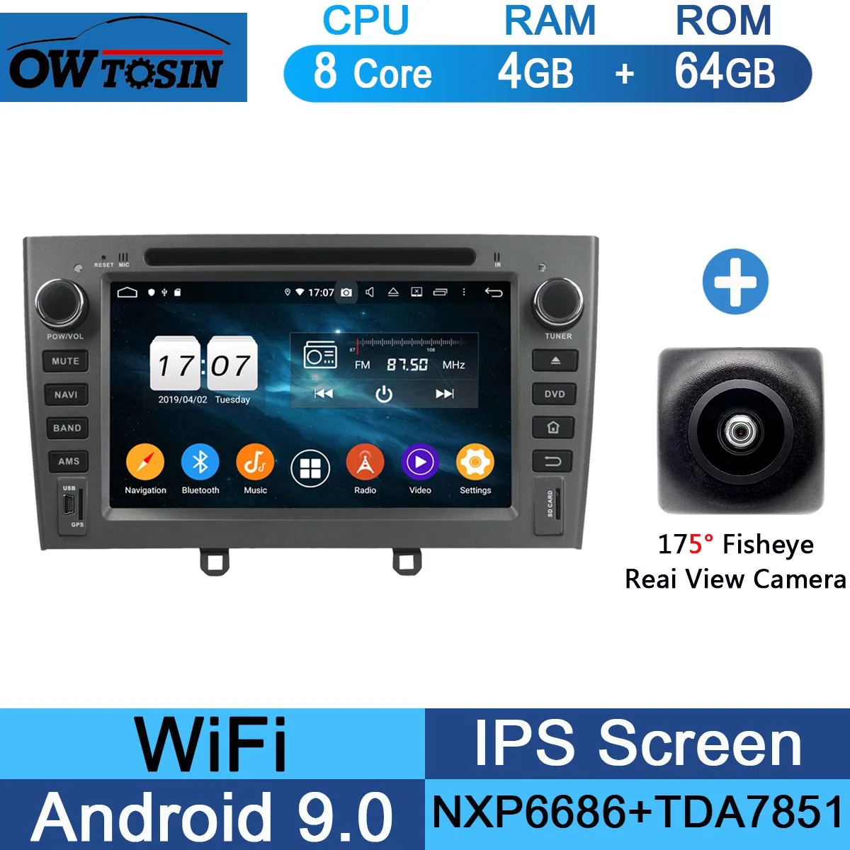 " ips Octa 8 Core 4G 64G Android9.0 автомобильный dvd-плеер для peugeot 408 308 308SW 2007-2011 DSP радио gps Parrot BT Adas мультимедиа - Цвет: 64G Fisheye Camera