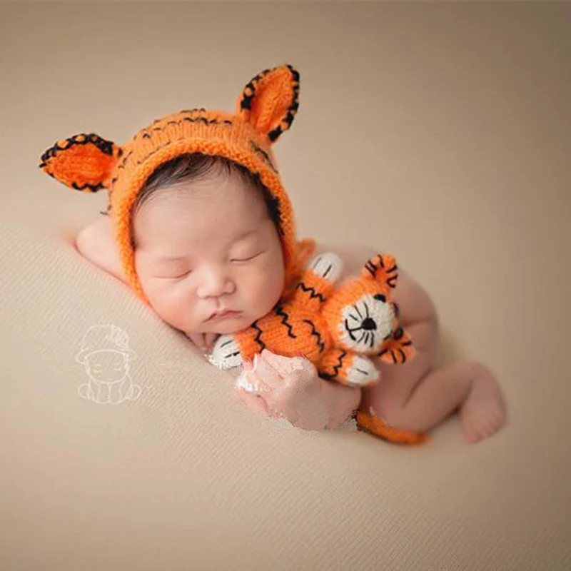 

Newborn Baby Photography Tiger Hat+Doll Props High Quality Baby Boy Photo Shoot Cartoon Crochet Hat bebe fotografia Accessories