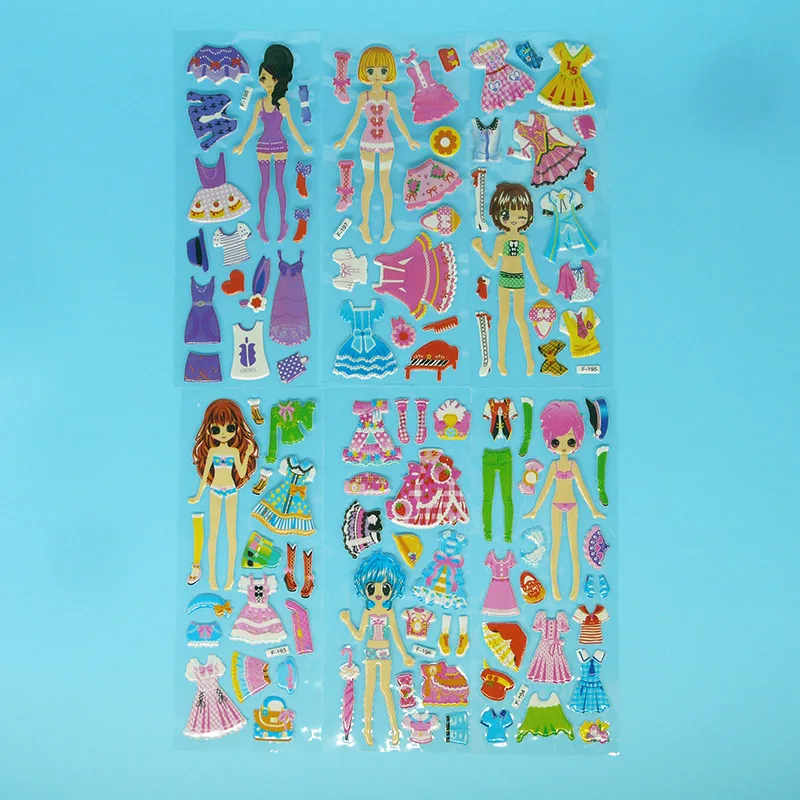 60 листов/партия 3D пышные объемные наклейки платье для девочек Одежда для переодевания детские игрушки смешанные мультфильм Kawaii Наклейки игрушки для детей
