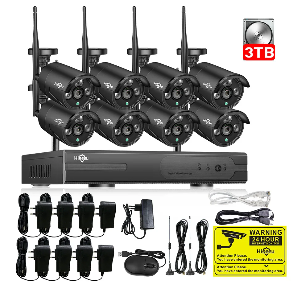 2MP CCTV система 1080P 8ch HD Беспроводной NVR комплект 3 ТБ HDD наружная ИК Ночная IP Wifi камера система безопасности видеонаблюдение Hiseeu - Цвет: Черный