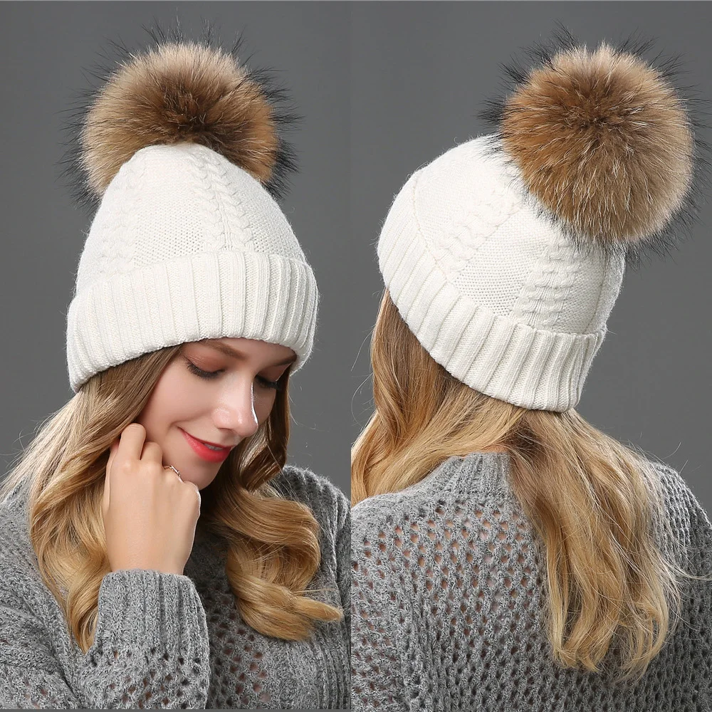 Beanie Women Winter Hat Warm Wool Knit Cap Raccoon Pom Pom Headwear Soft Autumn Casual Outdoor Ski Skullies Snow Accessory (4)