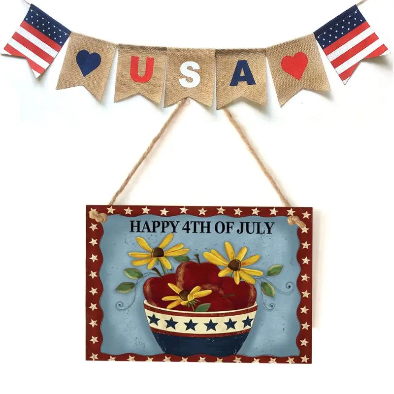 

Vintage Wooden Hanging Plaque Happy 4th Of July Flower Sign Board Wall Door Home Decoration Independence Day Party Gift