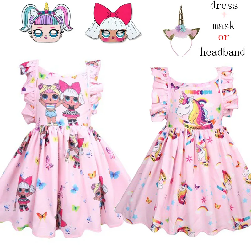 

Baby Girls Unicorn Princess Birthday Party Dress Children Kids Halloween Costume Clothes Lol Dolls Dress Clothing Unicornio Mask