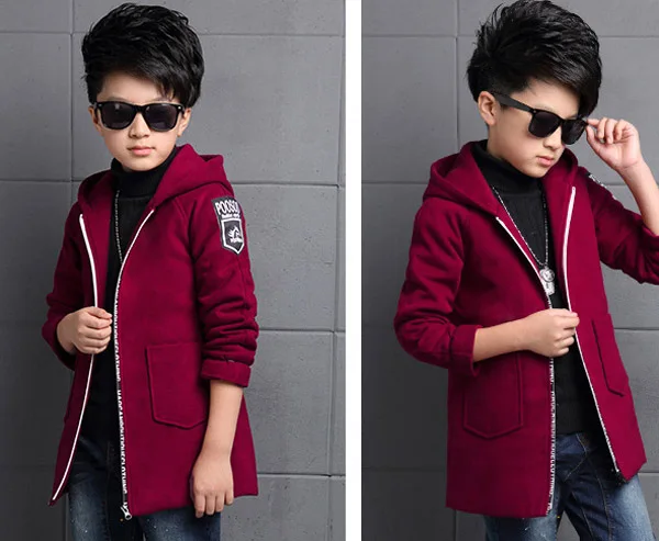 Для мальчиков шерстяное пальто Детская длинное пальто с флисовой От 4 до 12 лет