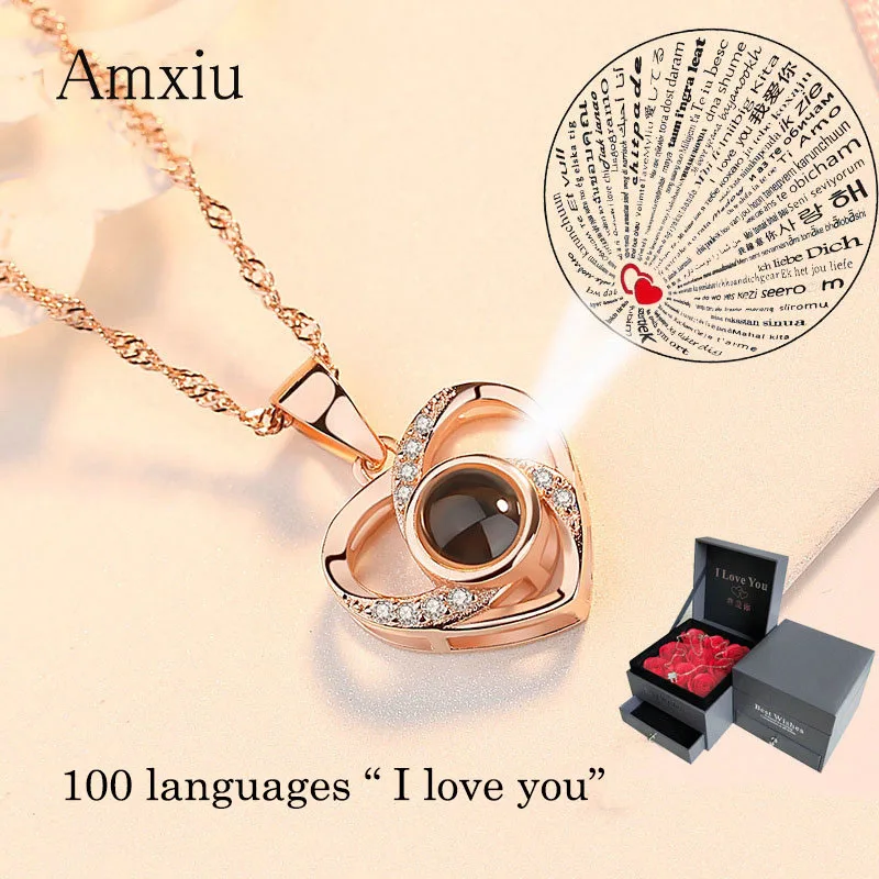 

Amxiu Custom 100 Languages I Love You Necklace 925 Silver Clavicular Chain Heart Pendant Necklace Women Jewelry Valentine's Gift