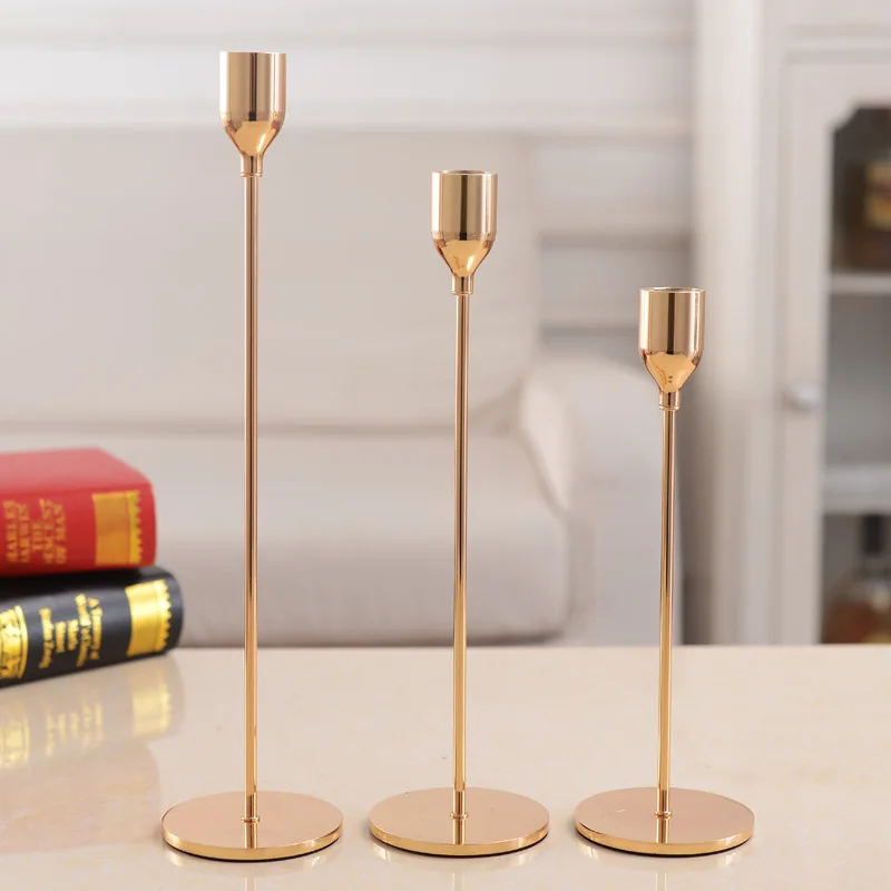 

Europe Style Golden Metal Long Cheap Candle Holders Rose Gold Iron Candlestick Candelabra Wedding Dinner Christmas Decoration