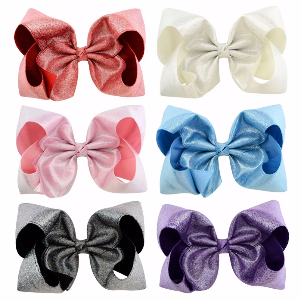 

8 Inch 6pcs/lot Solid New Design Leather Hair Bows With Clips Boutique Shinny Bows For Kids Headwear Bling Hair Accessories 851