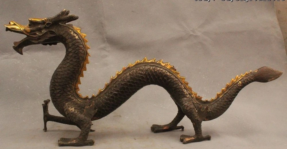 

10" China Folk Feng Shui Bronze Gild Zodiac Year Dragon Hand Bead Success Statue