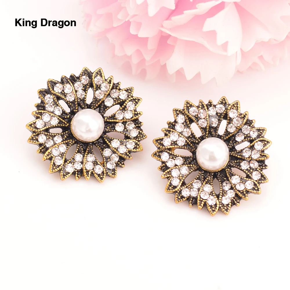 Nouveaux boutons de décoration en métal argenté et strass 21MM, 5 pièces/lot, tige arrière, Center de fleur, KD504