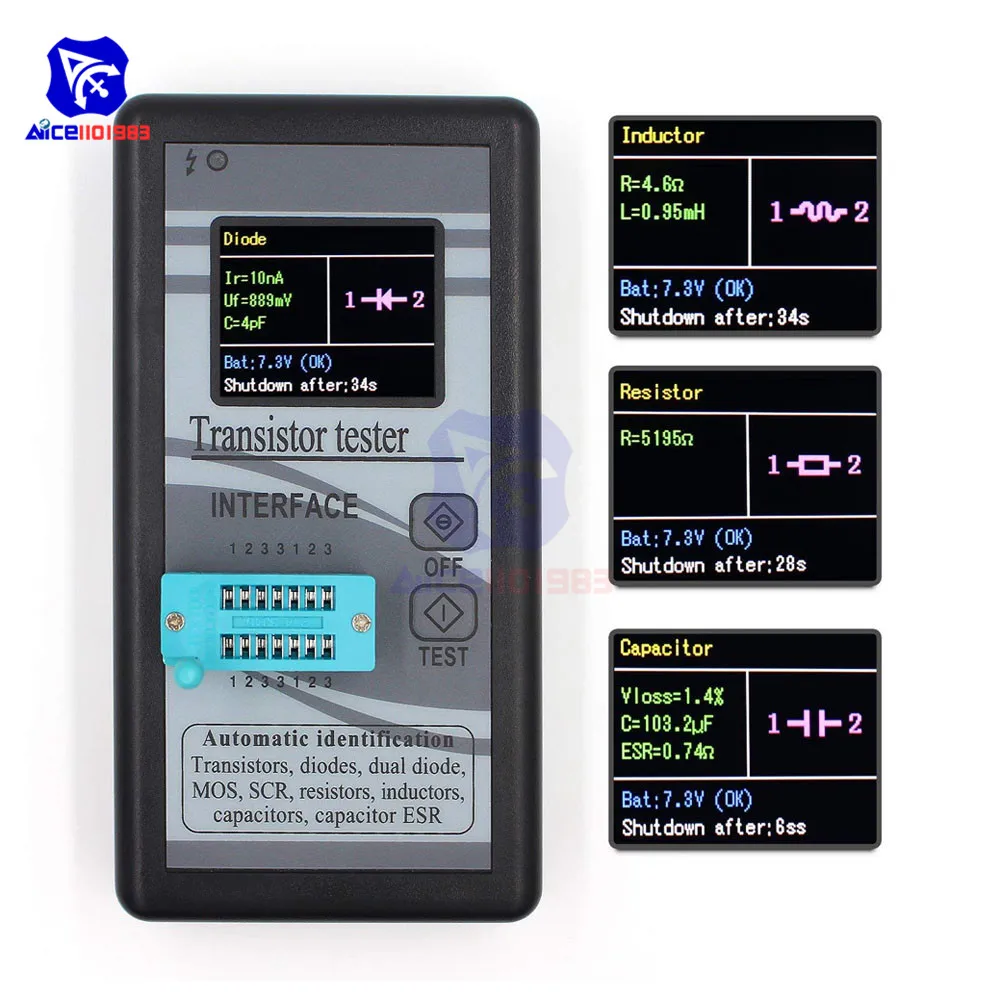 

MOSFET Transistor Capacitor Tester Mega328 NPN/PNP Transistor Diode Resistor Inductor Capacitance MOS SCR ESR Meter Detector