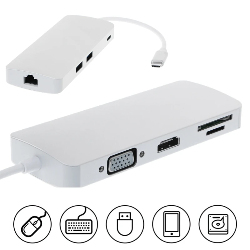 

8 in 1 Aluminum Hub USB Type C RJ45 Ethernet USB 3.0 TF SD Card Reader Adapter 4K HDMI port for Desktop Laptop