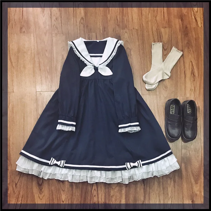 Осеннее платье для колледжа Sennheiser с длинным рукавом, мягкое платье лолиты, костюм для косплея, японское женское платье - Цвет: Синий