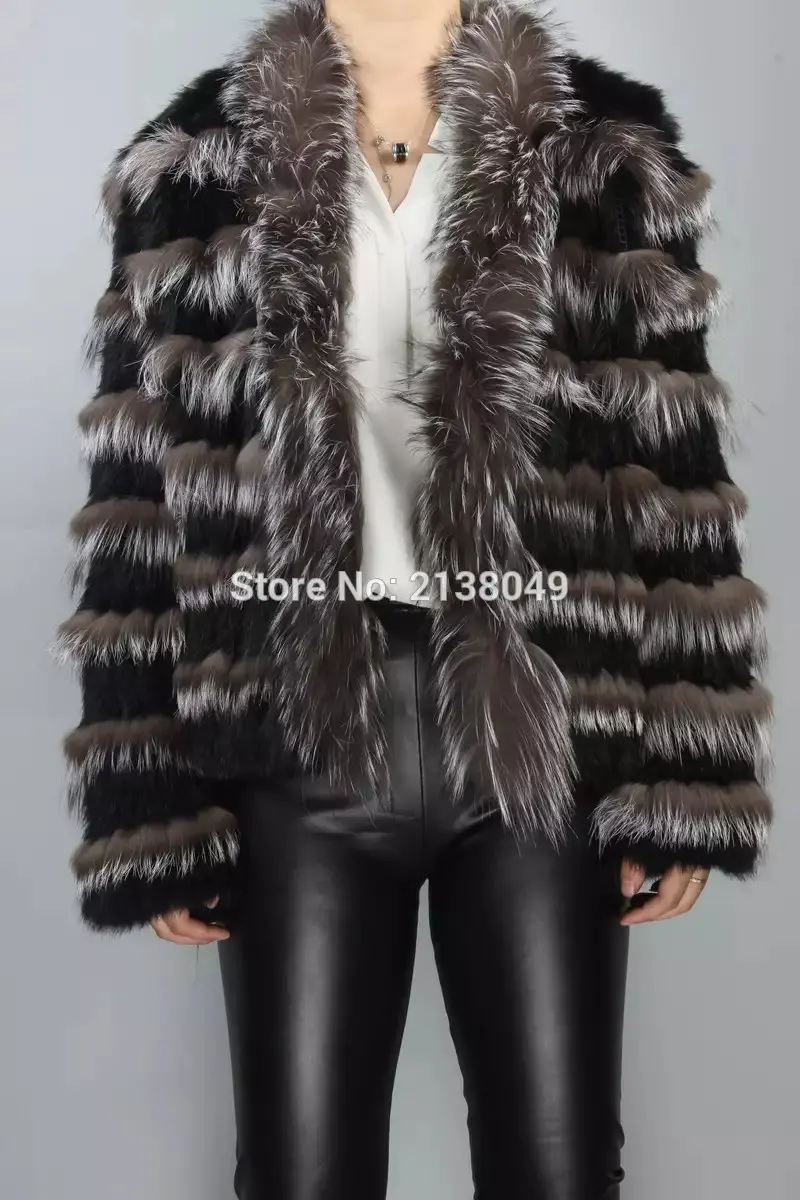 

SF0071 Long-sleeve fox and rabbit fur coat medium-long slim size with silver fox fur collar/ fox fur coat/ abrigo de piel