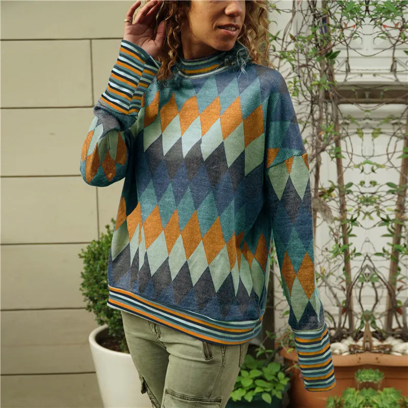 

2019 Streetwear Women's T-shirts Female Plus Size XXL O-neck Vintage Printed Casual Lady Loose Tops Long Sleeve Orange Blue Tees