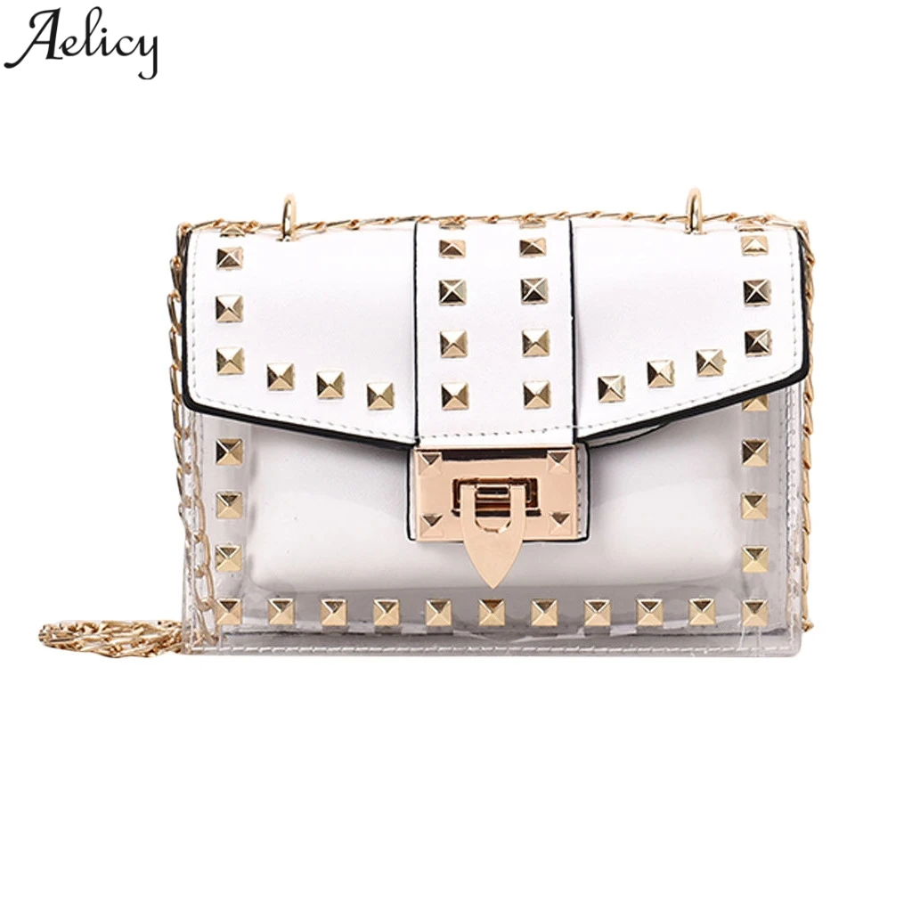 

Aelicy WomenTransparent Bags Rivet Fashion Female Flap Chain Bag Casual Flap For Female Ladies Clear Transparent Bag Girls