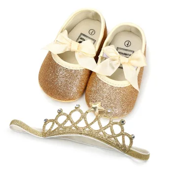 

Newborn Baby Girls Princess shoes First Walkers Soft Sole Shoes Anti-slip Baby Girl moccasin spring bling cloth Crown Hairband