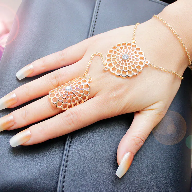 

F&U Zinc Alloy Fashion Trendy Popular Girls Gold and Silver Plated Flower Shaped Chain Links Ring R094