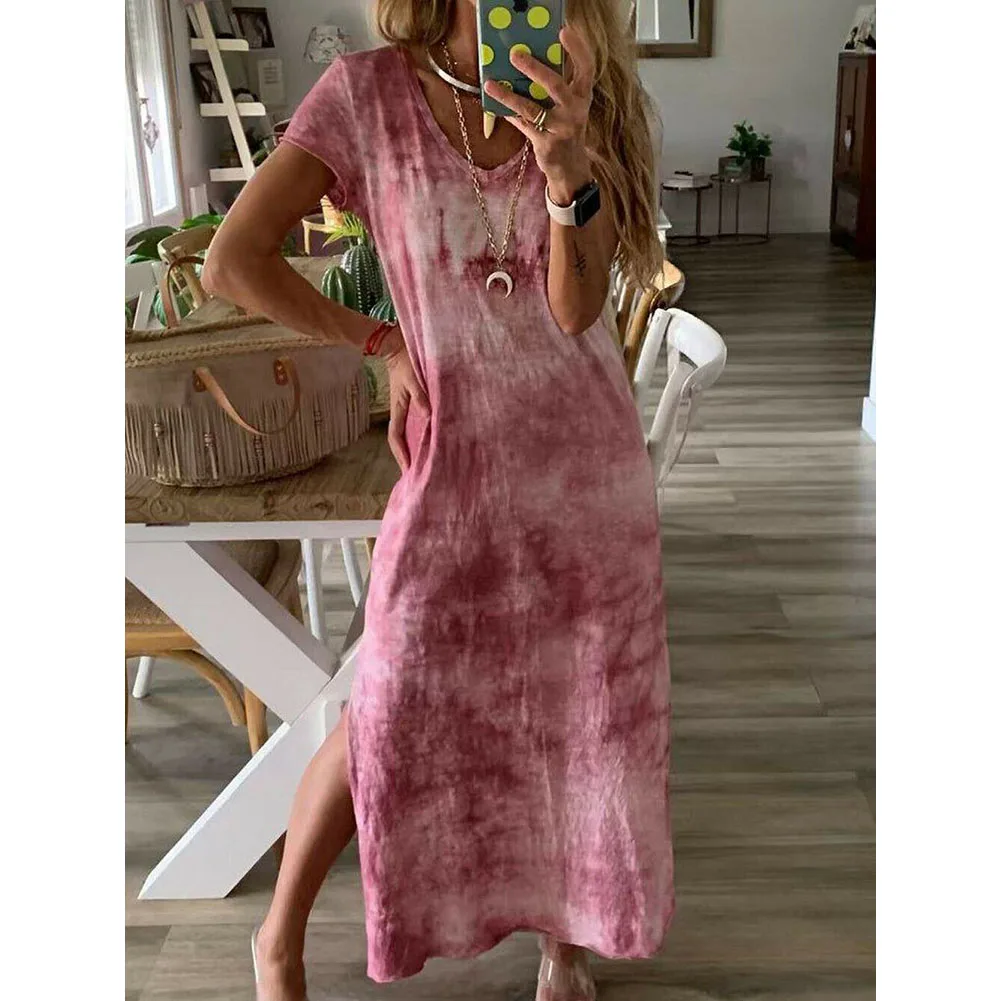 

Plus Size Women's Cotton Summer V Neck Short Sleeve Long Dress Gradient Color Side Split Casual Party Maxi Dress