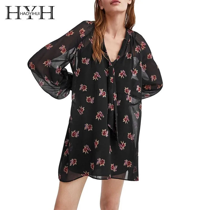 

HYH Haoyihui Ins Style Sexy Summer V-collar Simple Sexy V-neck Bow Tie Flower Printed Knee-length Straight Dress