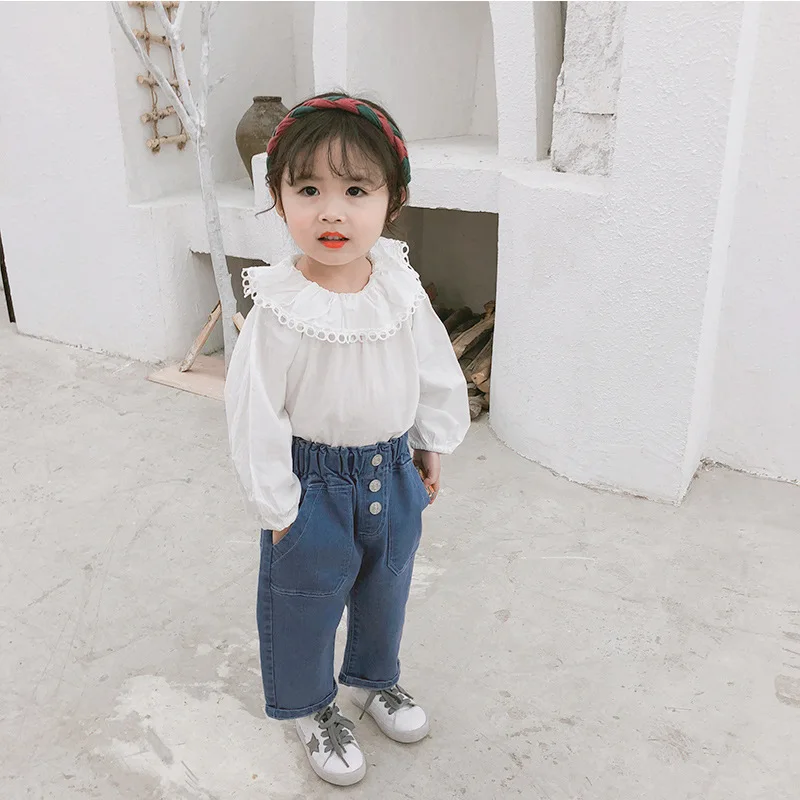 Новое поступление года; сезон весна; модные повседневные однотонные джинсы в Корейском стиле длинные брюки для милых маленьких девочек