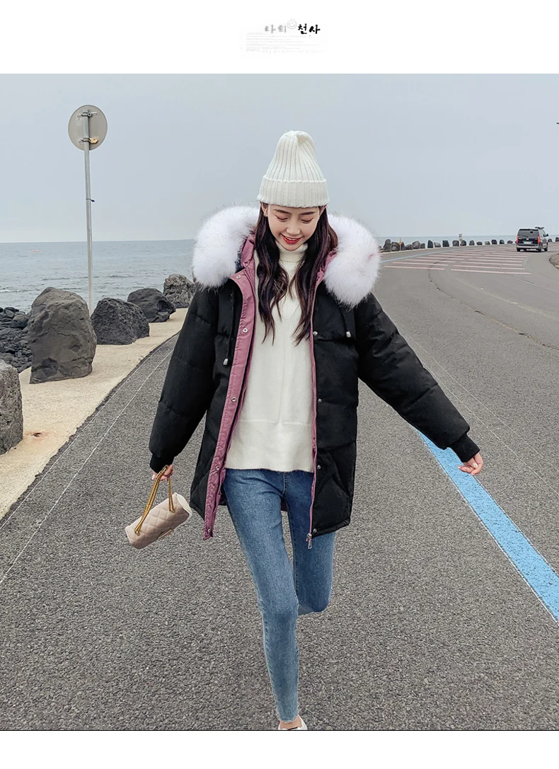 Candy colors winter coat women fashion large fur collar hooded thick warm jacket women Medium long parka outwear plus size