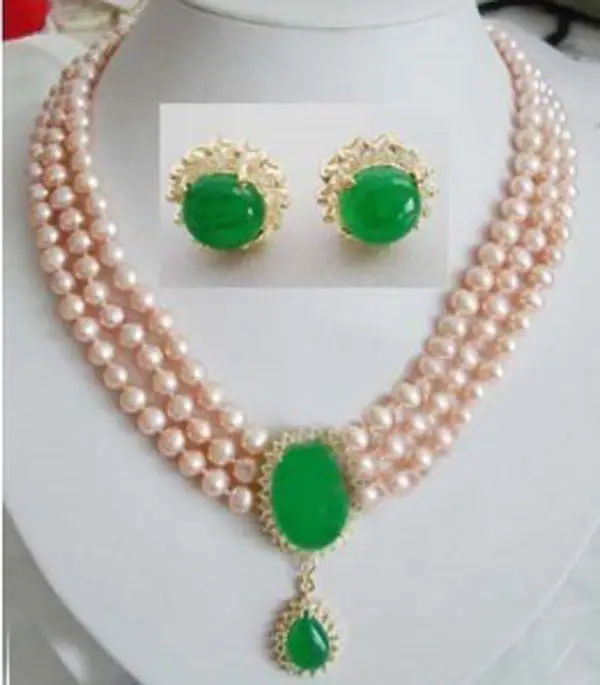 

FREE SHIPPING 3 rows pink Pearl jade Necklace earring set (A0423)