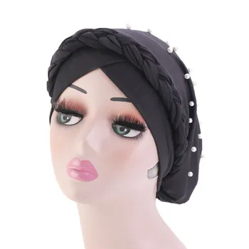 

2019 Muslim Pearl braids Stretch Turban Ruffle Hair Hats Beanie Bandanas Scarf Head Wrap Headwear for Women 48