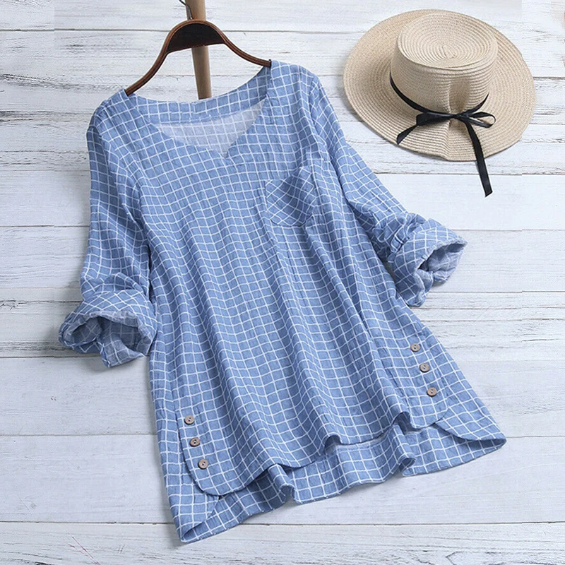 

Fashion BBYES Plus Size S-5XL Casual Irregular Loose Long Sleeve Blouse Tops Female Button Pocket V-neck Plaid Women Plain Shirt