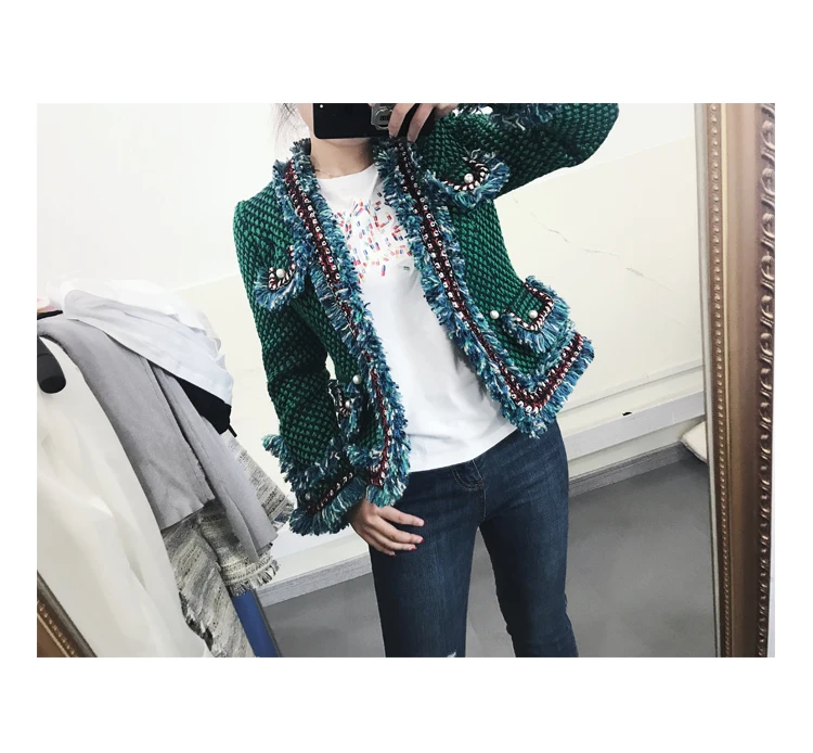 2017 Newest Fashion Style Runway Green Tweed Fringe trim Long Flared  Sleeves Jacket Ladies/Womens And Pockets With Pearls Detail|sleeve jacket| jackets ladiesfashion jacket - AliExpress