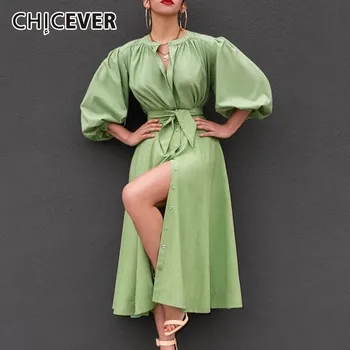 

CHICEVER Summer Casual Green Women Two Piece Set O Neck Puff Sleeve Button Tops Shirt Bandage Bow High Waist Pleated Skirt Sets