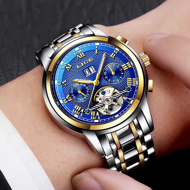 Lige Automatic Watch Men Skeleton Tourbillon Mechanical Watch Sport Waterproof Automatic Watch-5