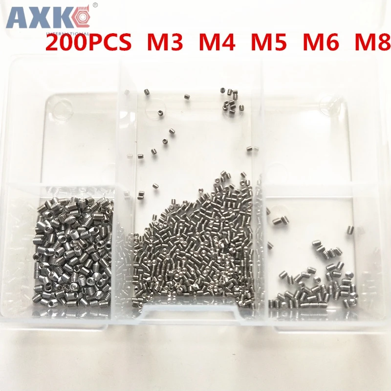 

AXK 200pcs Stainless Steel Hex Socket Set Screw Grub Screws Cup Point Assortment Kit M3-M8 With Plastic Box
