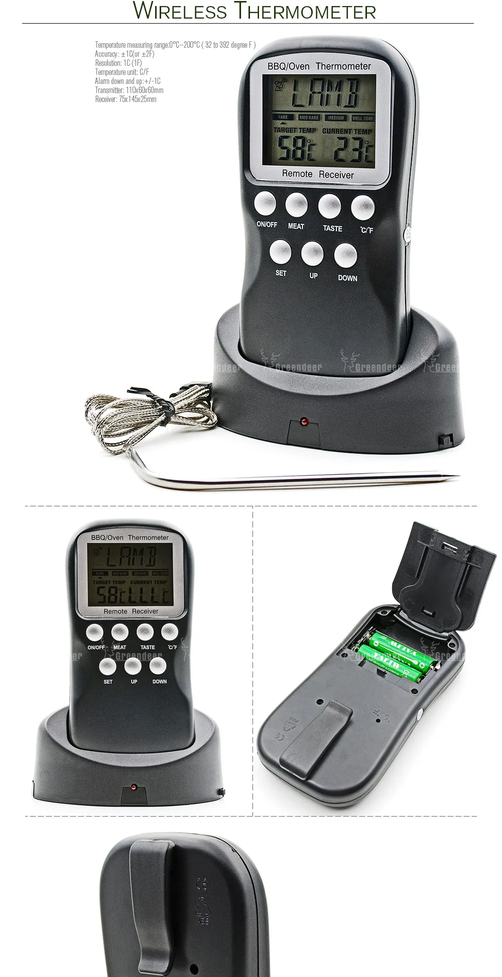 Digital Meat Thermometer Remote Wireless Kitchen Probe Food Thermometer Timer Cooking BBQ Meat Receiver and Transmitter with Alarm F0004-Show_03