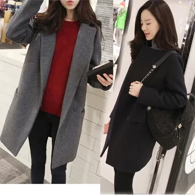 Модное шерстяное длинное тонкое студенческое плотное пальто женское пальто s m l xl серый/темно-синий