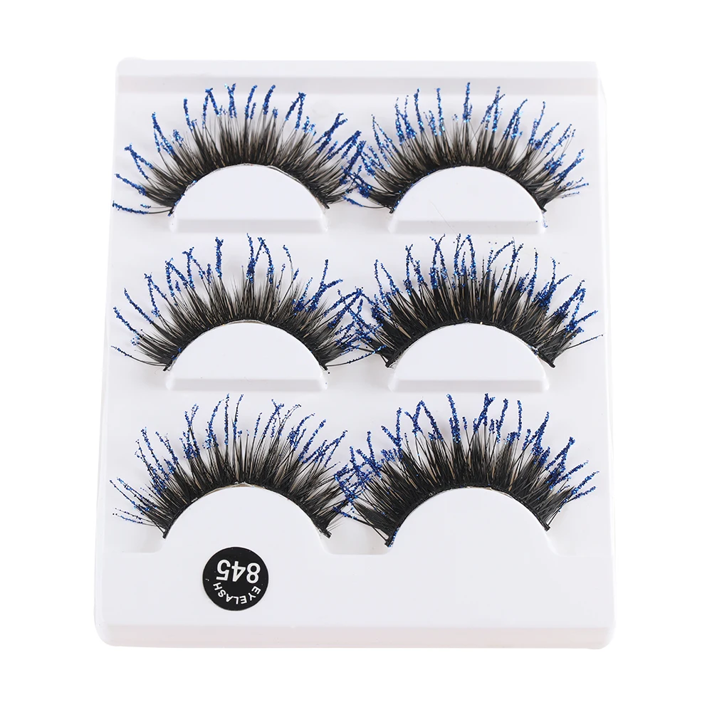 3 Paris Blue Glitter False Eyelashes Thick Long Lashes Fashion Stage