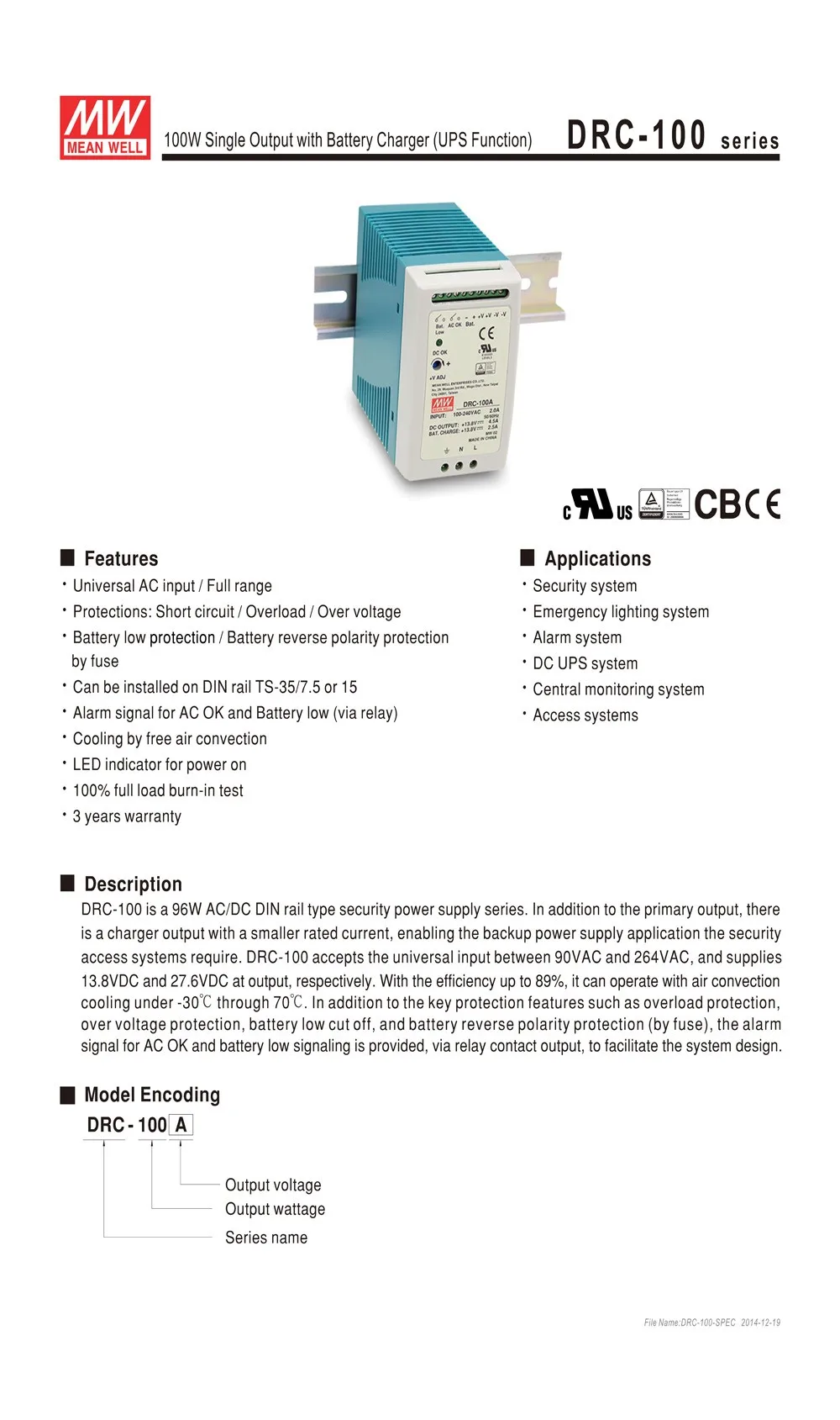 MEAN WELL DRC-100B 96 Вт 24-30 в AC/DC meanwell din-рейку безопасности питания с зарядным устройством(функция UPS) DRC-100