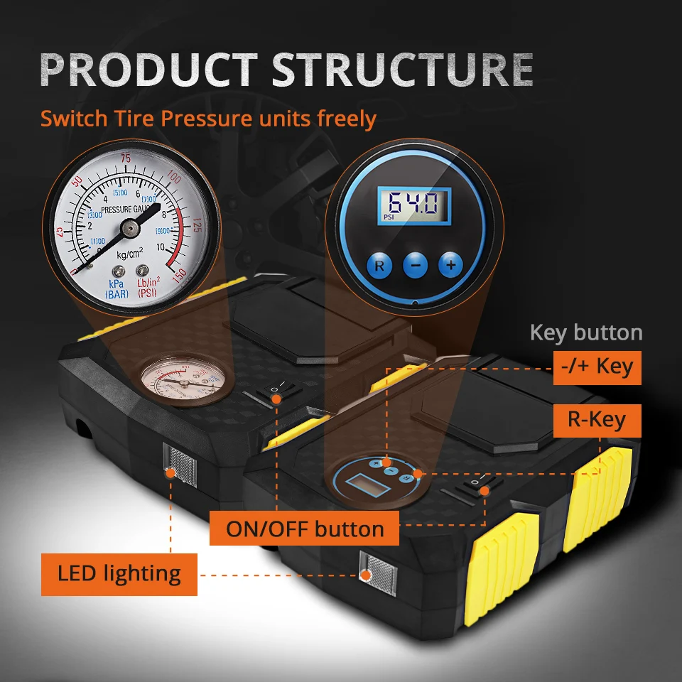 Auxmart Car Tire Inflator Pump Portable Electric 12V Auto Air Compressor LED Light Digital Inflatable Pump 19/22 Cylinder 120W