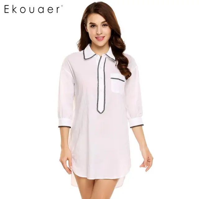 Ekouaer Women Casual Cotton Sleep Top Long Sleeve Sleepshirts Solid