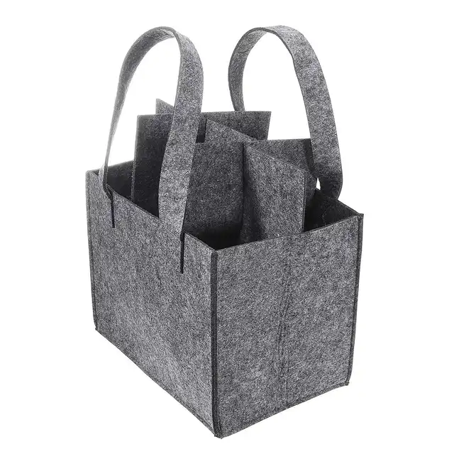 Reusable Fashion Felt Bag Wine Holder Beer Bottle Shopping Tote Bag Bottle Carrier with 6 Bottles Divider Washable Grey 5