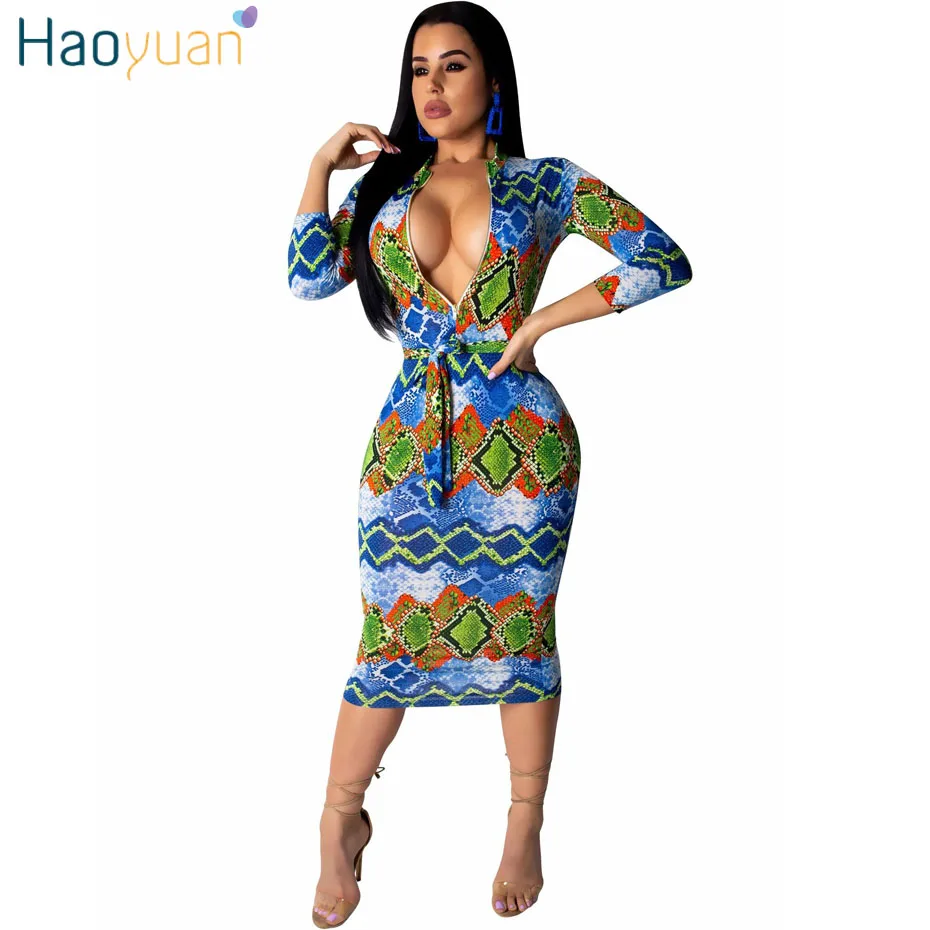 

HAOYUAN Snake Print Plus Size Dress Women 2019 Streetwear Sexy Dresses Club Party Vestidos Casual Elegant Bandage Bodycon Dress