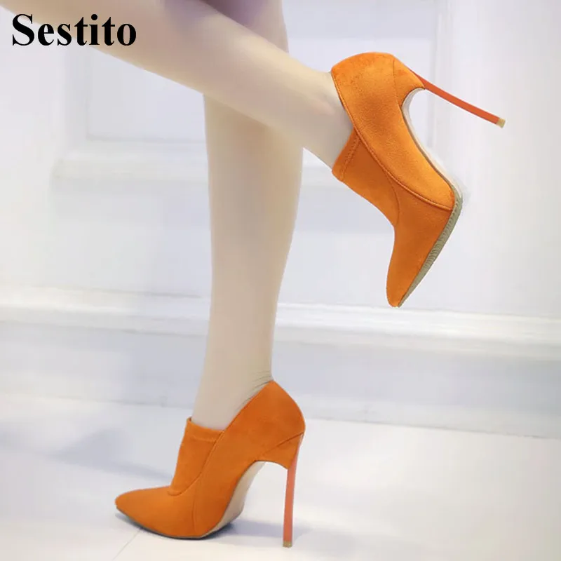 

European Fashion Black Flock Winter Boots Woman Pointed Toe Ankle Boots For Women Super High Thin Heels Slip-on Women Shoes