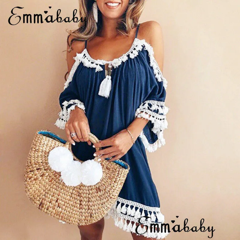 Для женщин летние Boho богемная кисточка ремень с плечом Короткие мини платья выдалбливают пляжная одежда коктейльное вечерние Сарафан