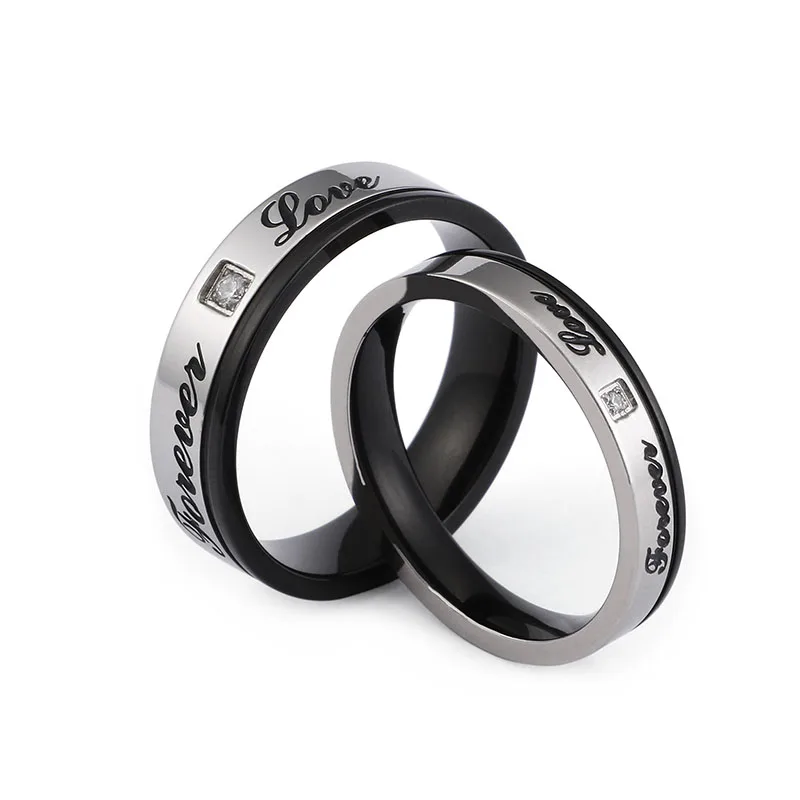 

English Forever Love Wedding Rings Cubic Zirconia Couple Rings Black & Silver Color Stainless Steel Anniversary Alliance Jewelry