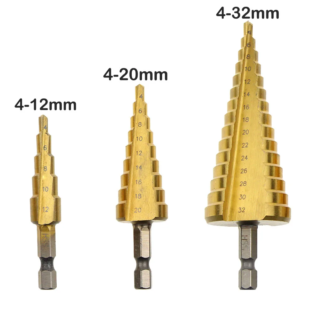 Металлические перовые сверла 3-12/4-12/20/32 мм Шаг сверло Спираль Флейта HSS Сталь конус Титан покрытием мини сверло Набор инструментов дыропробивной пресс - Цвет: 4-12 20 32mm(3PCS)