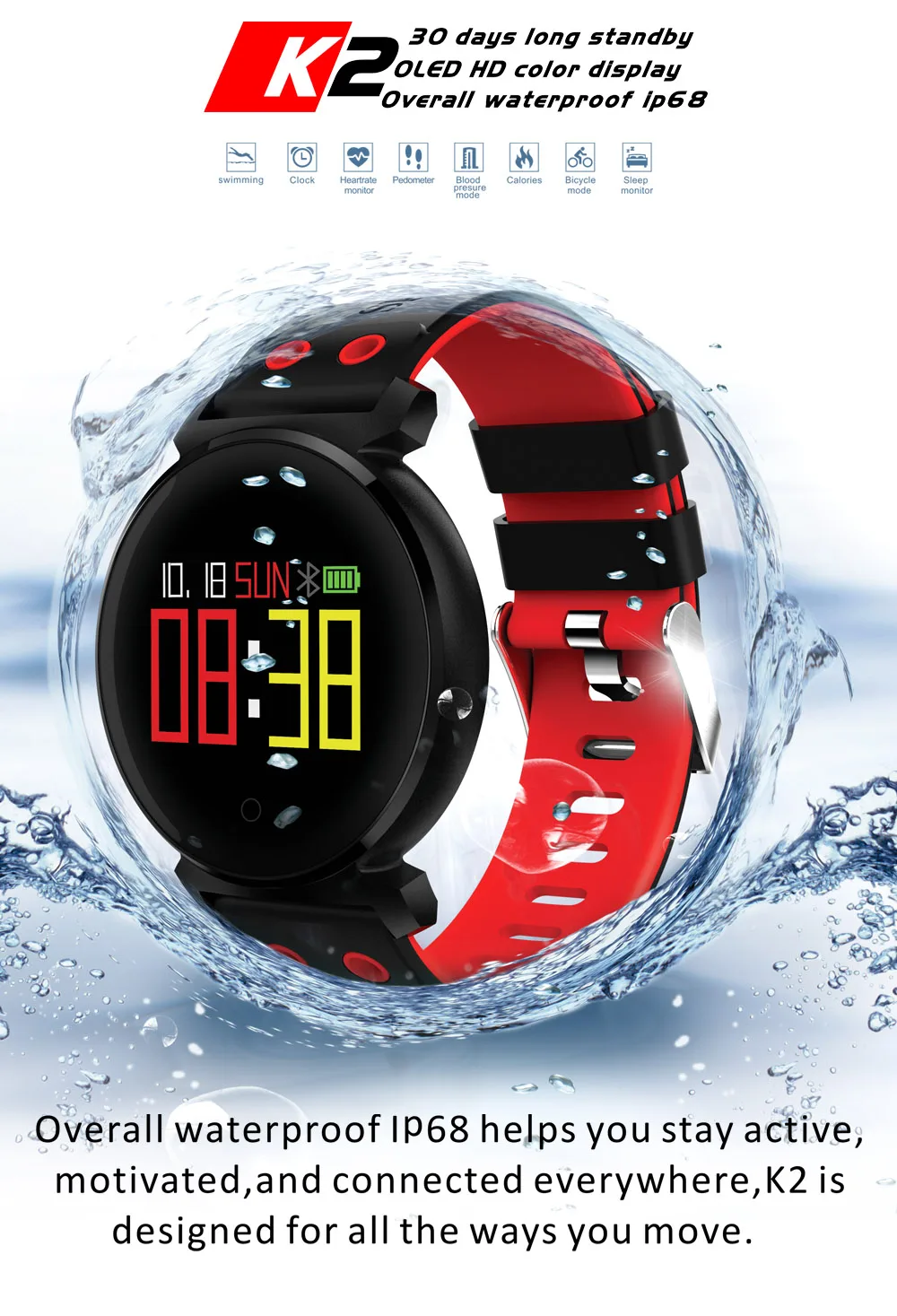 

New Sport K2 Smart watch Blood Pressure Heart Rate Monitor Blood oxygen detection IP68 waterproof Fitness Tracker Smart Bracelet