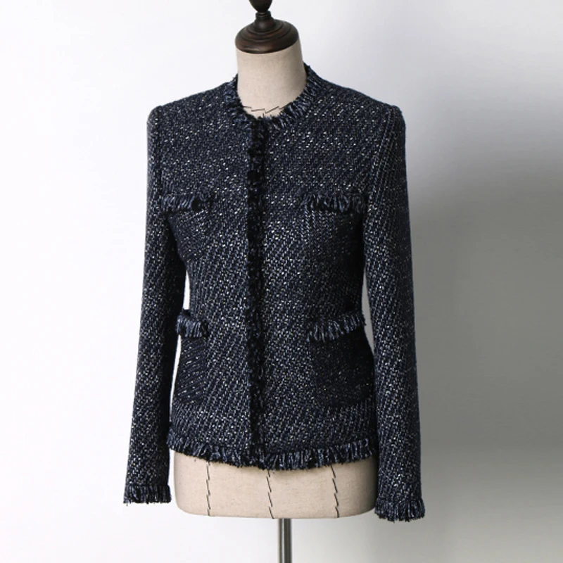 Dark blue tweed jacket spring/autumn women's coat jacket elegant